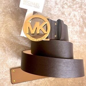 Brand New Michael Kors Genuine Leather Brown Belt w/ Round Gold Tone Buckle